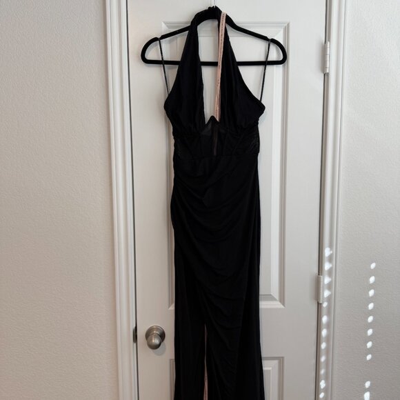 Lulus Never-ending Glamour Black Mesh Cross-front Halter Maxi Dress - Size M - Picture 4 of 5